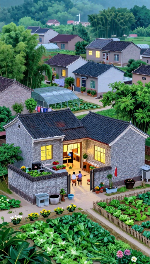 九十年代夏夜乡村灯火与绿植治愈插画