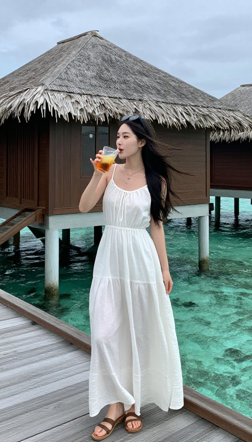 马尔代夫木屋前白衣女子的悠闲瞬间