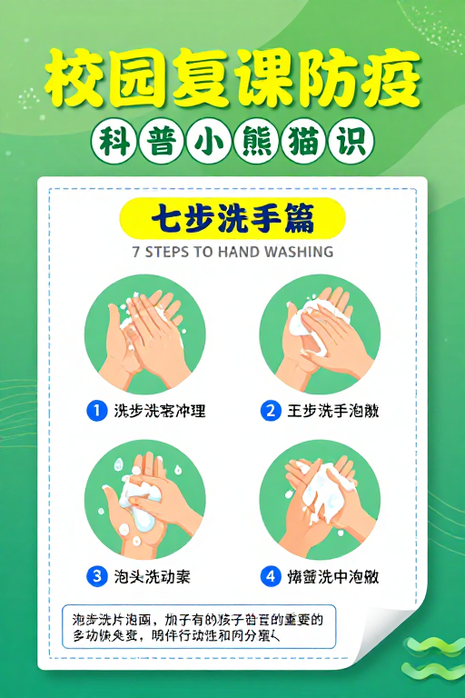 校园复课防疫指南:七步洗手科普插画海报