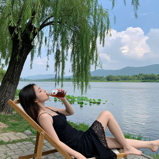 夏日河畔：黑衣美女悠然享清凉