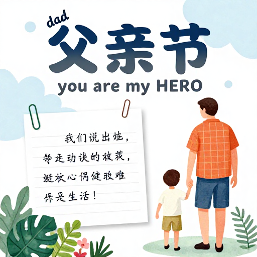 清新插画风父亲节海报，温情父子亲情设计