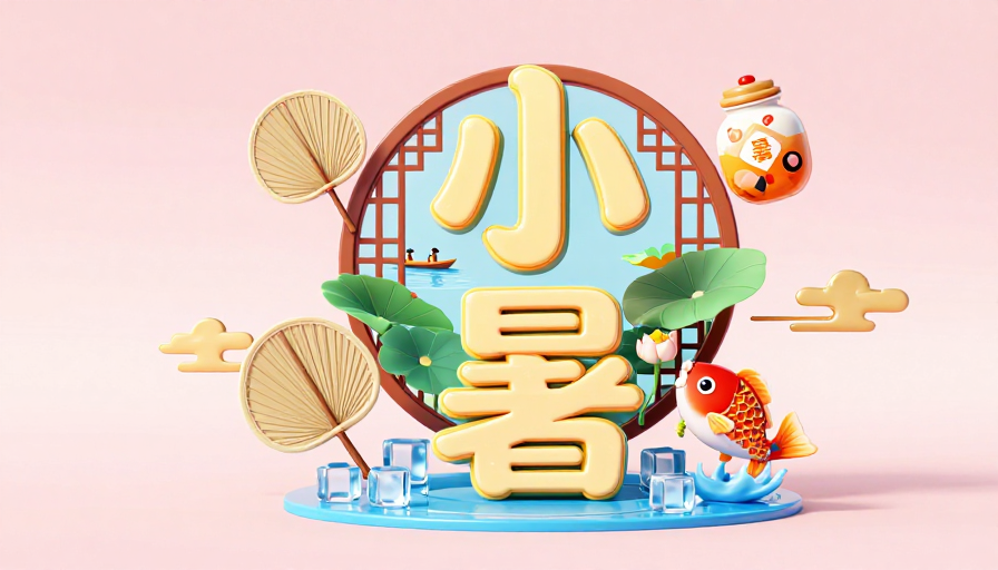 小暑3D立体贺图：积木字配蒲扇荷叶，Q版鲤跃出