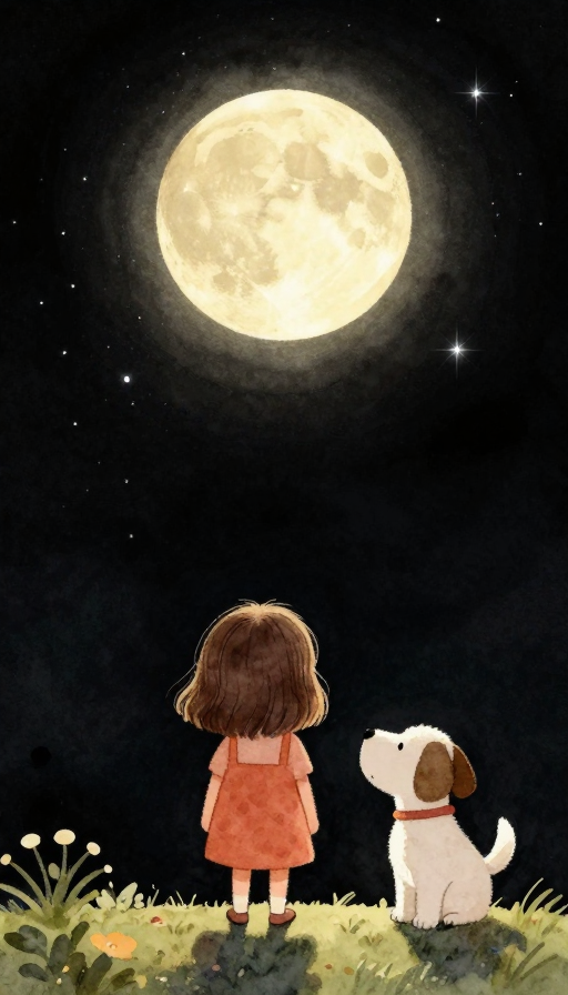 夏夜星空下的治愈瞬间：水彩风Q版绘本插图