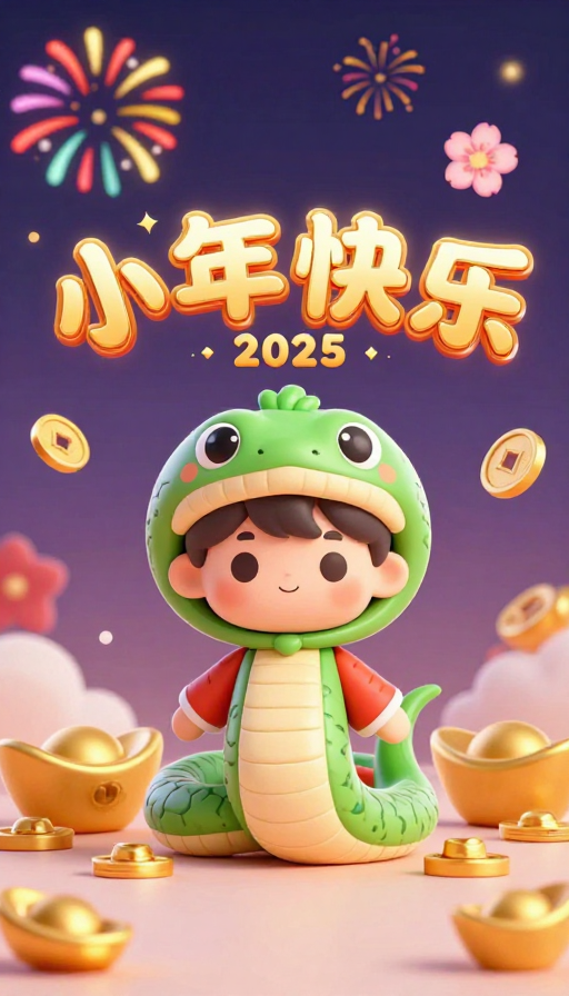童趣新年祝福：2025快乐烟花樱花3D卡通渲染