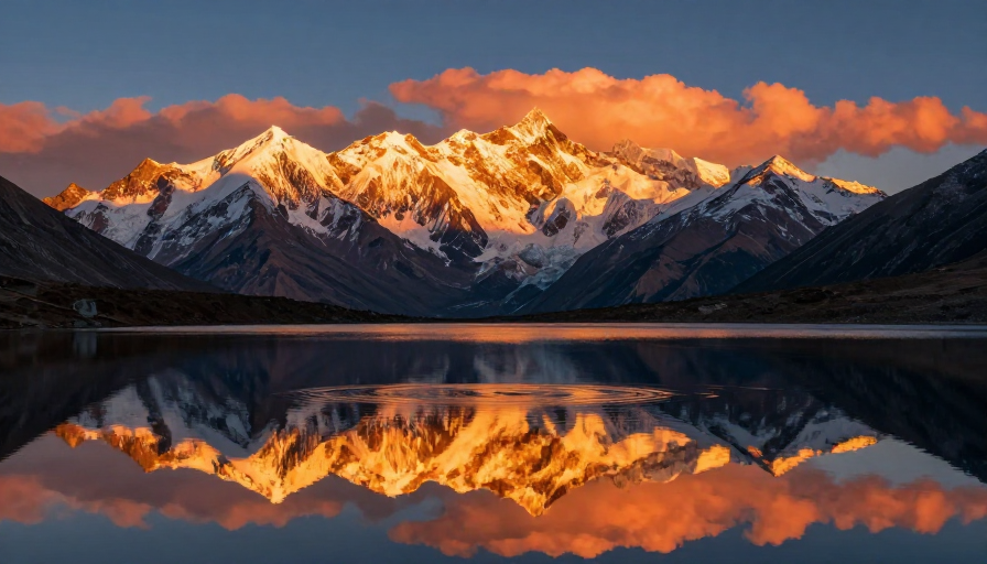 日出金光映照雪山湖泊的静谧美景