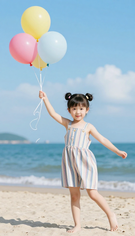 海边俏皮萌娃:双丸子头女童的灿烂笑容瞬间