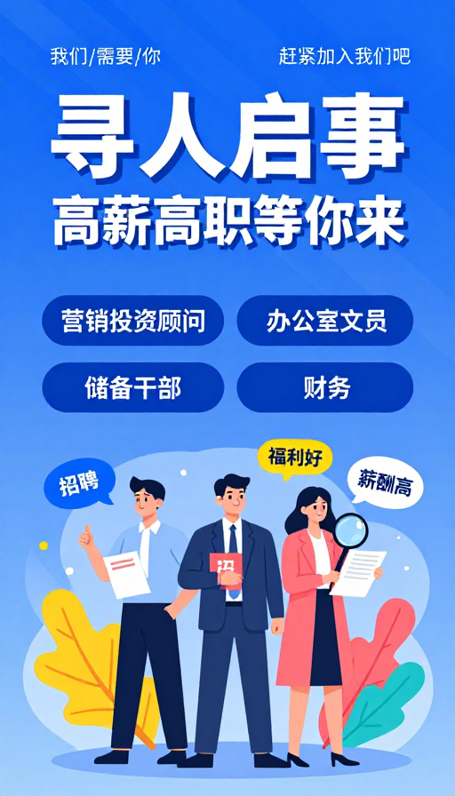 蓝色商务招聘海报：高薪职位等你来