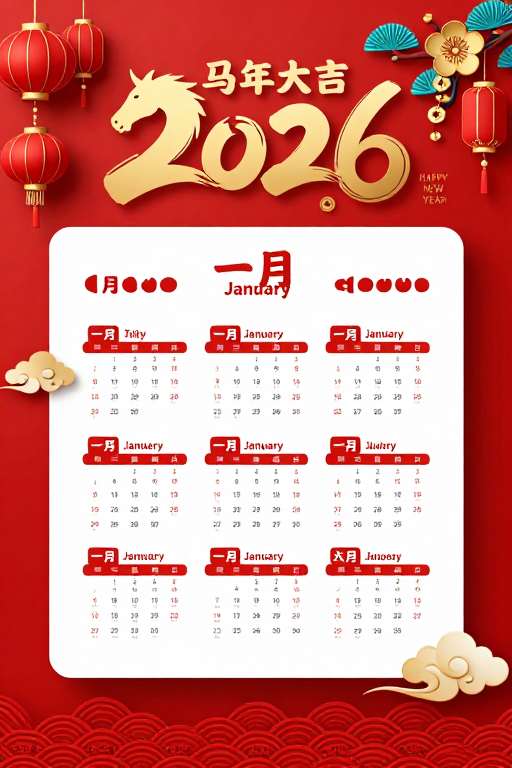 2026丙午马年喜庆中国风新年日历海报