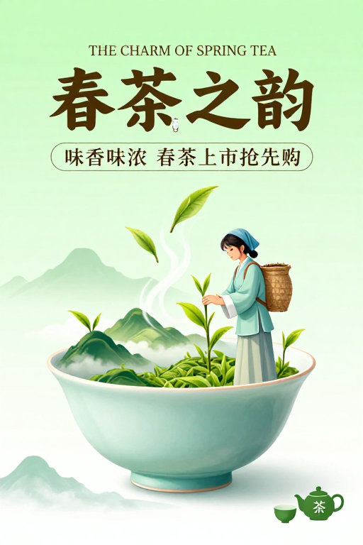 清新春茶插画海报:中国风春茶上市宣传图