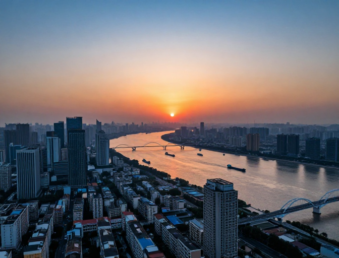 落日流光映江城:现代都市与自然交融
