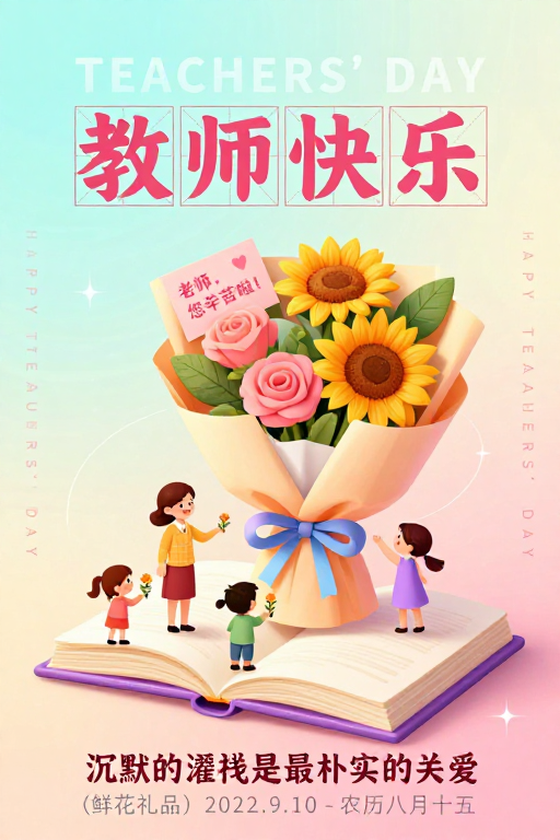 温馨手绘教师节：师生互动与花束赠礼