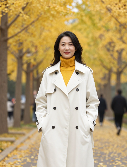 秋日银杏道上的优雅中国女性