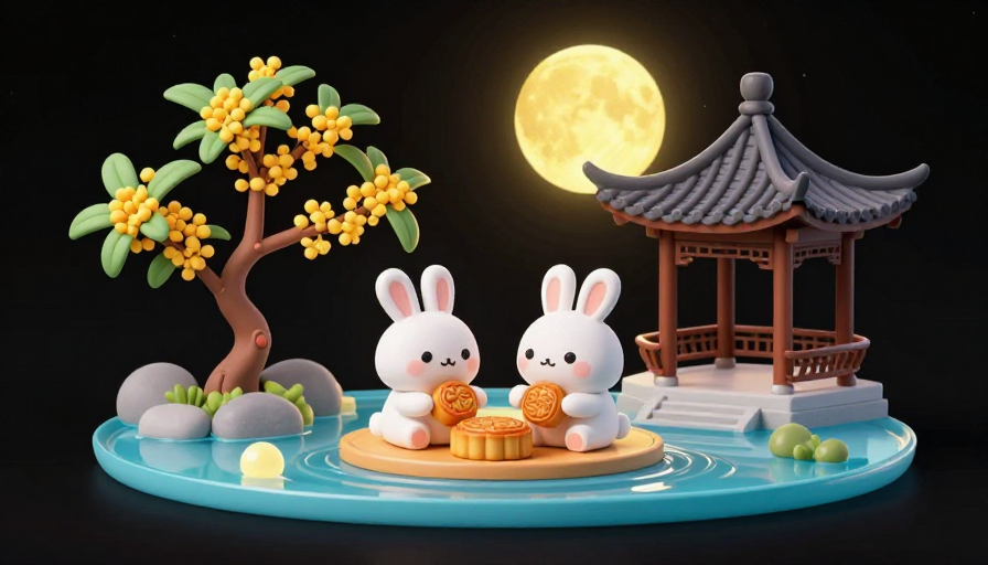 中秋童趣:兔子赏月亭景微缩3D卡通