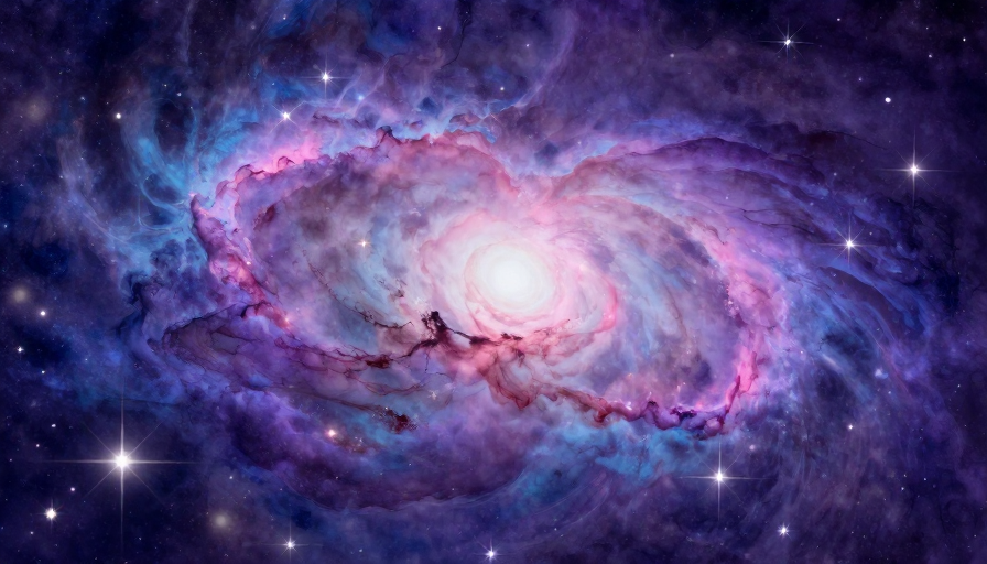 梦幻水彩螺旋星系:紫靛粉云气漩涡宇宙背景