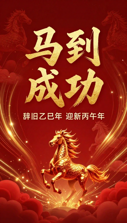 中国风新年海报：深红金配骏马奔腾喜庆热烈