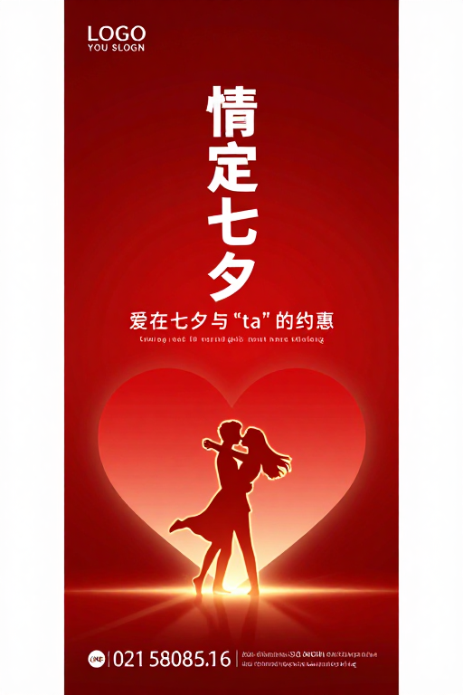 红金渐变七夕浪漫海报：情定七夕与爱之约惠