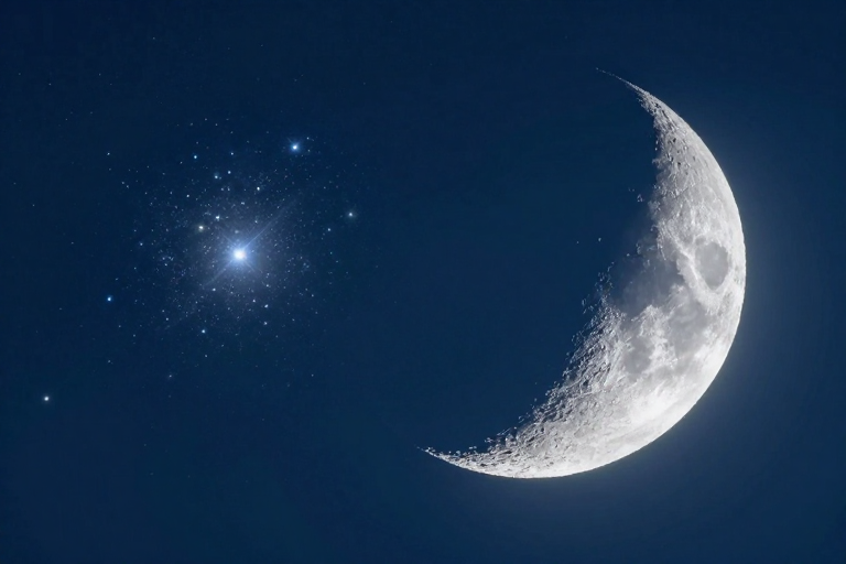 深蓝夜空月牙与星团:深邃宇宙光影展现