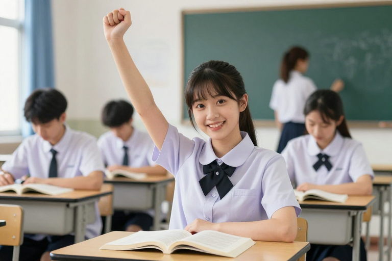 青春活力:亚洲女高中生教室微笑瞬间