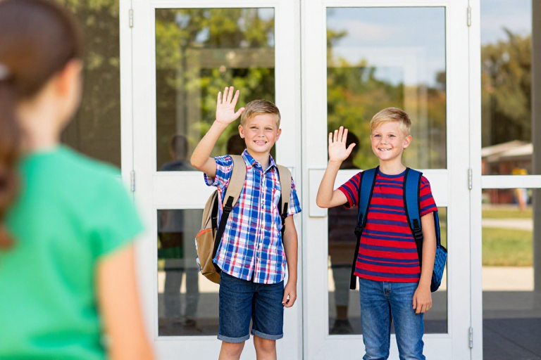 校园青春瞬间:两名微笑男孩挥手告别