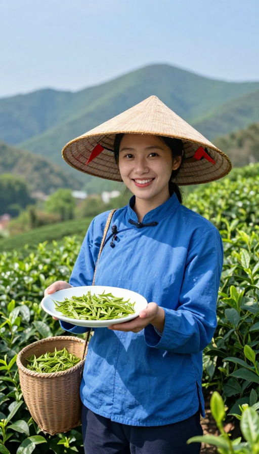 蓝衫斗笠茶女笑迎采茶客