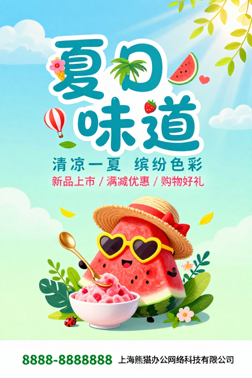 清新夏日童趣海报:西瓜角色与促销优惠