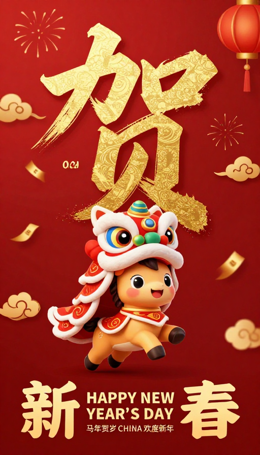 2026新春中国风海报：金色‘贺’字与舞狮小马