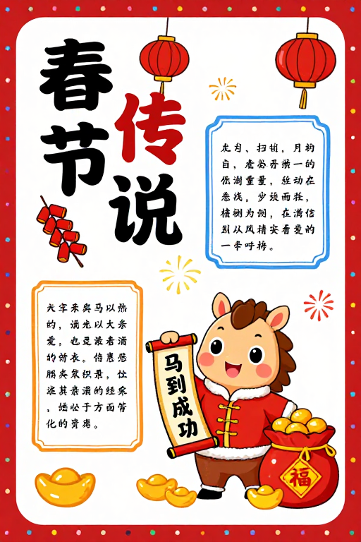 手绘春节传说海报：喜庆红金卡通马
