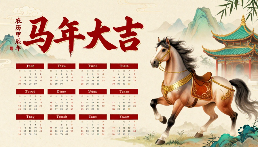 新中式国风马年大吉吉祥年历海报