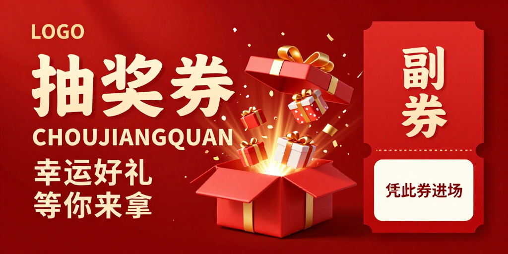 高端抽奖券海报：喜庆红金节日促销视觉设计