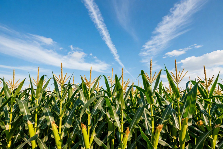青绿玉米田与蓝天航迹云的自然光影摄影