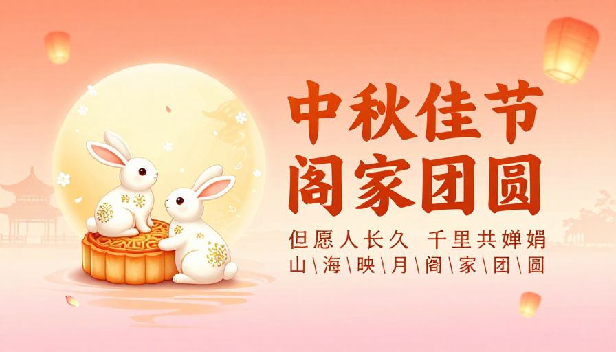 中秋佳节团圆海报,暖橙粉渐变国风插画设计