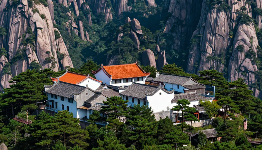 徽派古韵:黄山山腰古寺与自然山水交融
