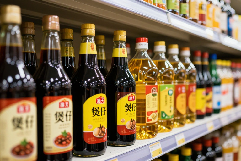 海天与煲仔酱油玻璃瓶特写摄影