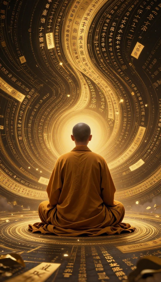 禅意金波：和尚背坐散开经文波纹