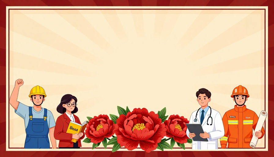 节日庆典复古插画:职业人物与牡丹花暖光海报