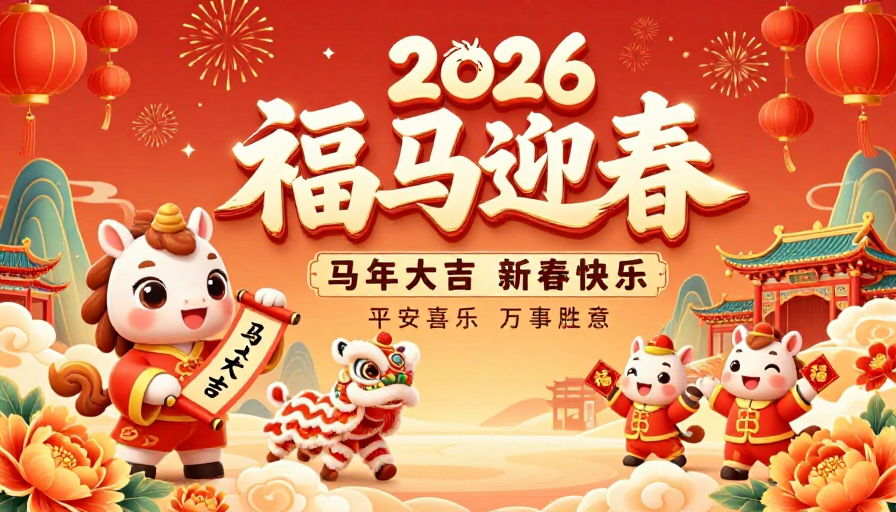 福马迎春2026春节海报：喜庆中国风插画设计