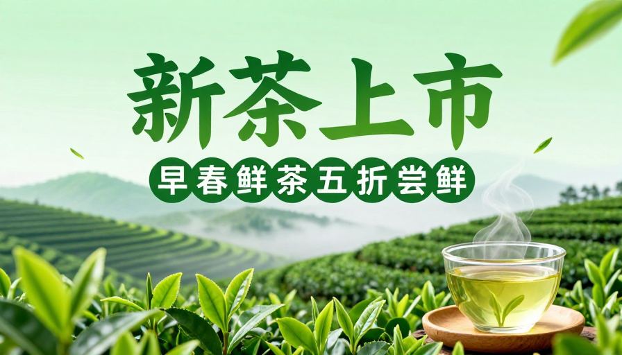 春日新茶上市:清新茶园与鲜茶特写宣传海报