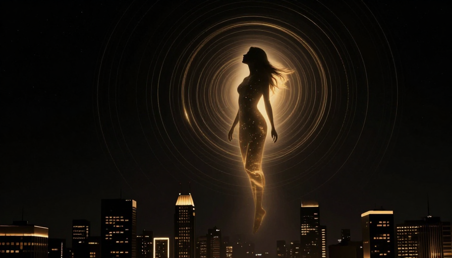 宇宙金辉女性剪影：时空都市科幻海报