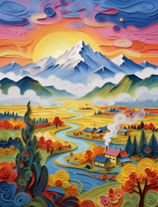 秋霞漫湿地,雪山炊烟间的童话插画