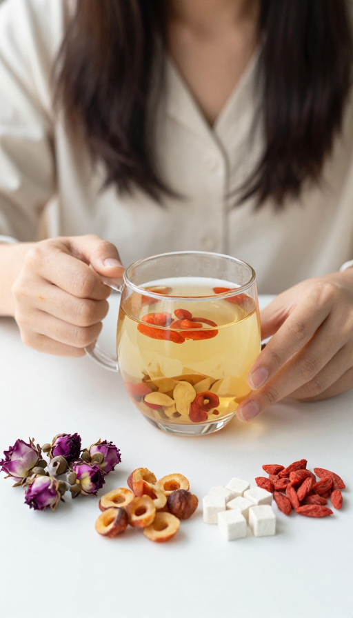 女性养生:桌前品玫瑰桂圆茯苓枸杞茶