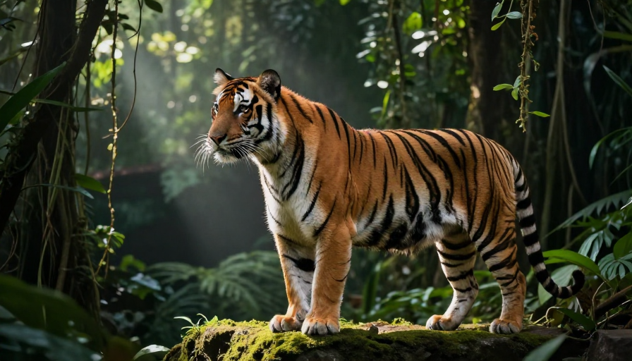 孟加拉虎幽暗雨林侧逆光特写