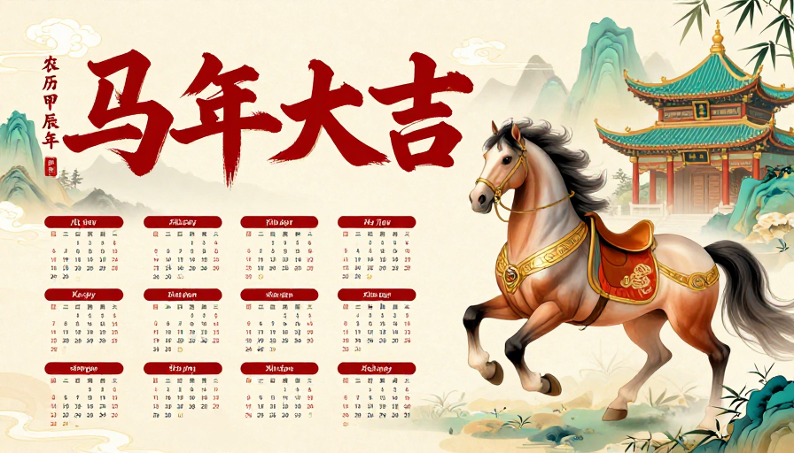 新中式马年大吉日历插画
