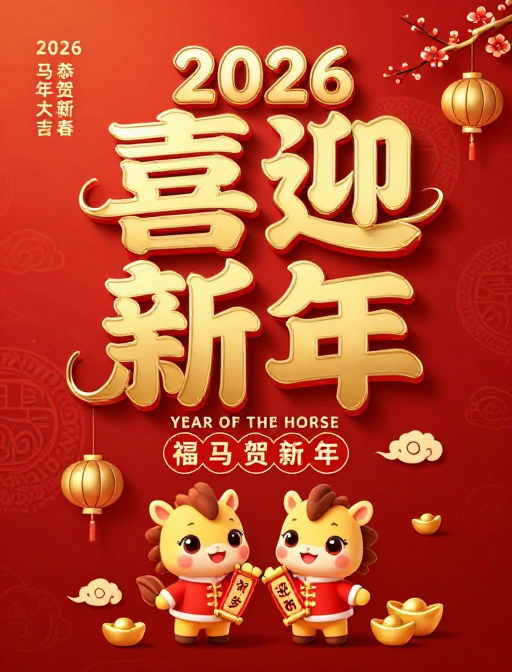 喜迎新年2026马年大吉红色喜庆插画
