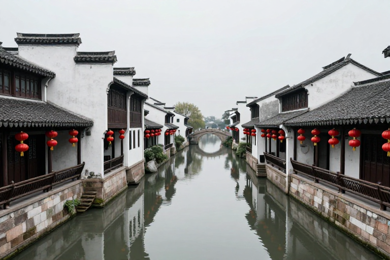 江南水乡古镇：白墙黛瓦与红灯笼的静谧之美