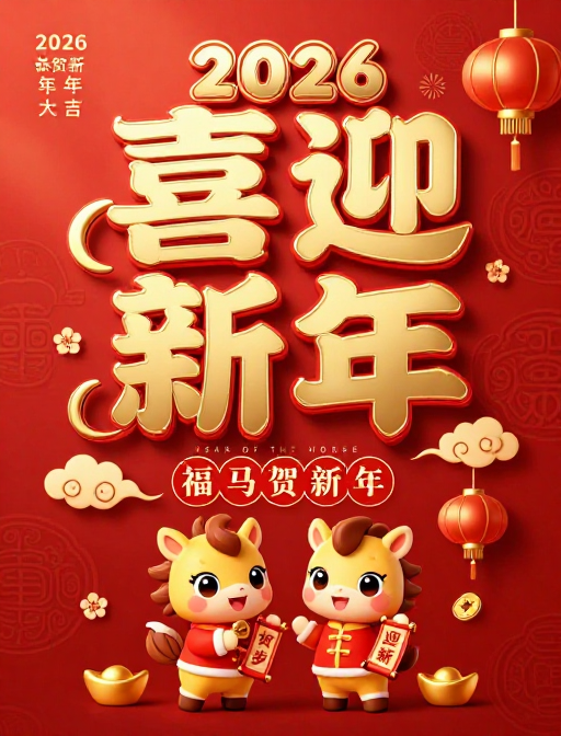2026马年喜庆新年金色立体艺术海报
