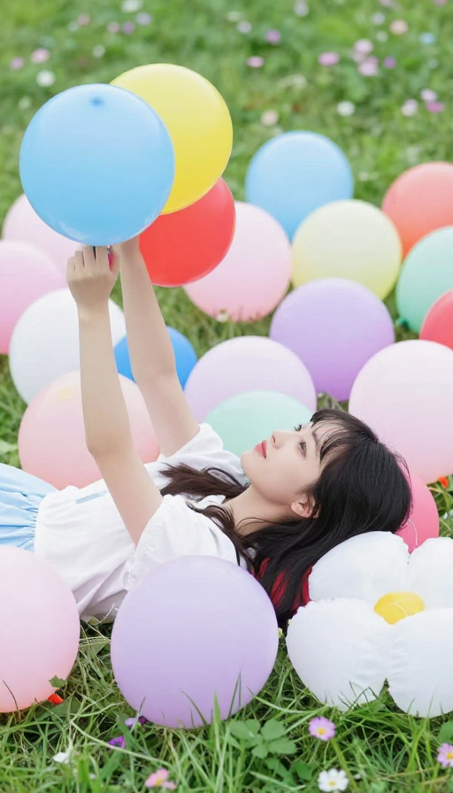 清新活力：少女与缤纷气球草地实景合影