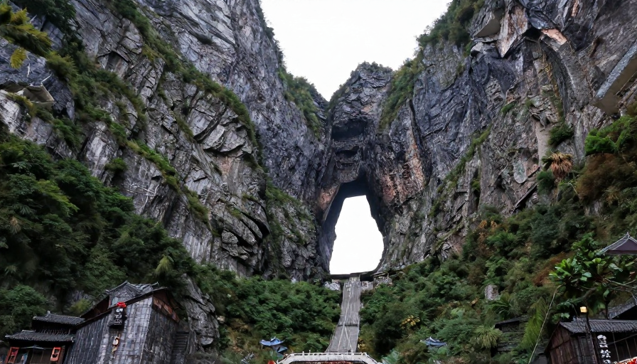 湖南天门洞：云雾缭绕的奇幻山峰风光