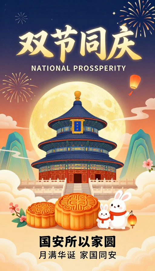 梦幻国风双节同庆海报，家国团圆喜庆氛围