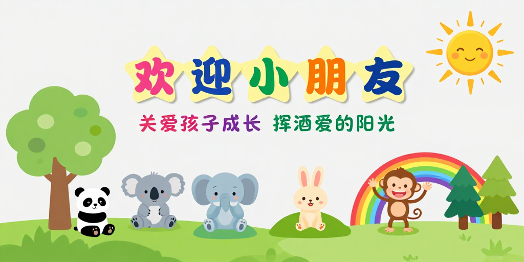 童趣欢迎插画：多彩动物伙伴与温馨阳光