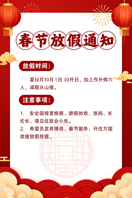 中国风春节放假通知海报，喜庆红金配色设计